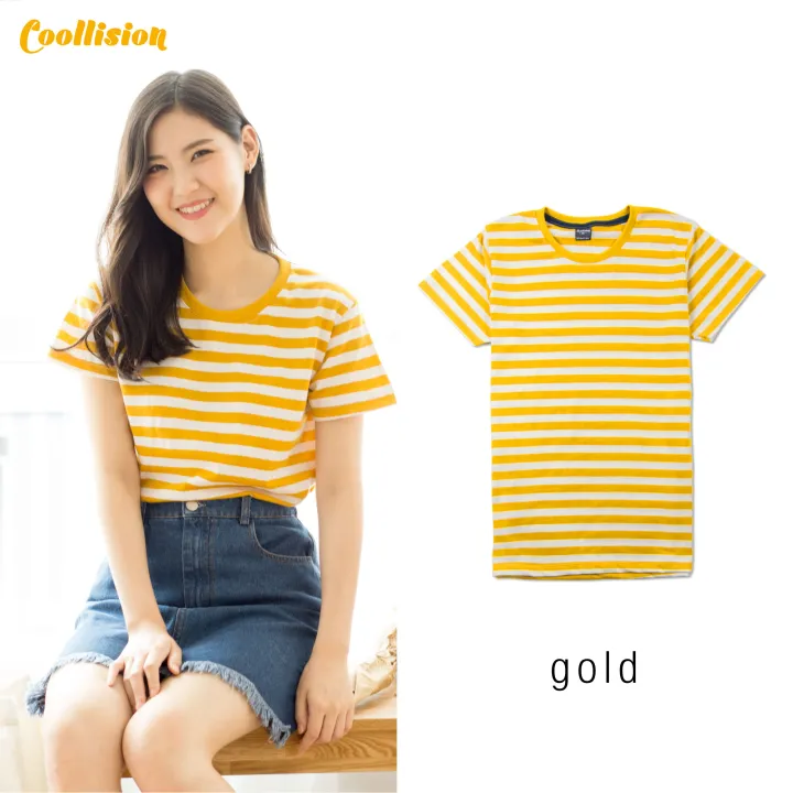 coollision-gold1cm-เสื้อลายทางสีเหลืองทอง-สีขาว-เสื้อยืดลายทาง-unisex-ผ้าไม่ลื่น-สีไม่ตก-ฝ้าย-ใส่ได้ทุกโอกาส