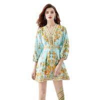 Ladies Dress Fashion New 2023  Holiday Style V-neck Lantern Sleeve Printing Mini Dress