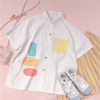 N&amp;AI Nice girl Japanese college style JK shirt no skirt single shirt Japanese soft sister tong qu wind coat short sleeve shirt loose college girl from color matching pocket little pure and fresh and reduction of age Z-50