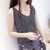 Womens Knitted Suspender Bright Silk Hot Drilling 2023 New Solid Ladies Tops Casual Korean Large Size Sleeveless Female Vest