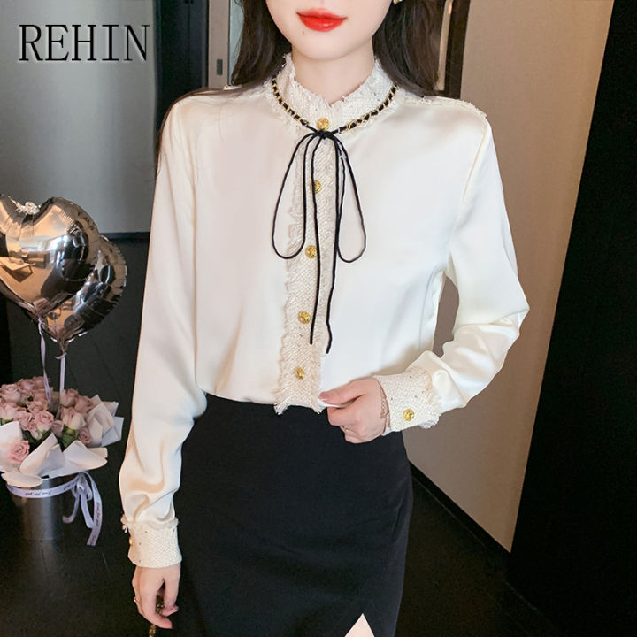 rehin-เสื้อเชิ้ตผ้าชีฟองเกาหลีแฟชั่นแบบใหม่สำหรับผู้หญิง-เสื้อเชิ้ตผ้าชีฟองติดโบว์กับเนคไทดีไซน์หรูหราสำหรับแขนยาวฤดูใบไม้ผลิ