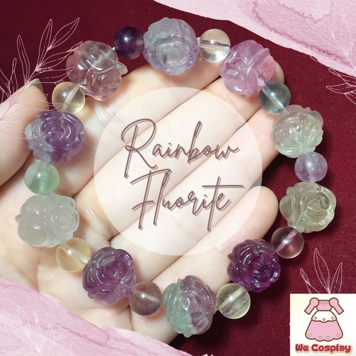 สร้อยข้อมือหิน เรนโบว์ฟลูออไรท์ Rainbow Fluorite แกะสลักรูปดอกกุหลาบ  กำไลหินนำโชค Casual Size ขนาด 13 มิล