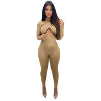 CM.YAYA Women Jumpsuit Solid Hollow Out Full Sleeve V-neck Stretchy Bodycon Skinny Pencil Jumpsuits Fashion Outfit Fall