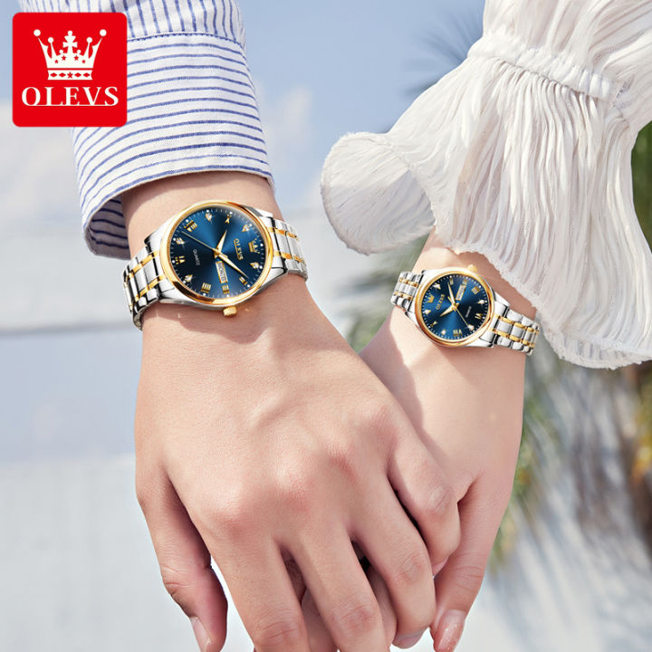 olevs-นาฬิกาคู่เดิมกันน้ำแฟชั่นบรรยากาศหรูหราส่องสว่างโลหะสแตนเลสปฏิทินแสดงนาฬิกาสำหรับผู้หญิง-ผู้ชาย