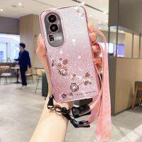 เคสโทรศัพท์สำหรับ OPPO Reno10 Pro Reno 10 Reno10 Pro + 5G เคสสีม่วงสีชมพูดอกไม้แวววาวพร้อมสายคล้องมือ + เชือกคอกากเพชรส่องแสงเป็นประกายวิบวับอ่อนสำหรับเด็กผู้หญิงเคสชุบเคลือบผิวด้วยไฟฟ้า