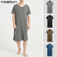 Men Sleep Robes Homewear Short Sleeve 2022 Solid Cotton Comfortable V Neck Soft Bathrobes Leisure Men Nightgown INCERUN S-3XL