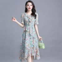 ♕❖▦ Temperament show thin short sleeve chiffon dress 2023 new womens summer broken flower knee-length girl