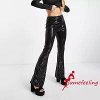 CODpz119nb SF-Women´s Spring Autumn Slim Flared Pants High Waist Elastic Band Sequins Bell-bottom Pants