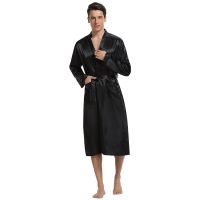 Male Robe Sleepwear Faux Silk Nightwear Casual Kimono Bathrobe Gown Solid Nightgown Homewear Men Loungewear Home Clothes