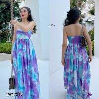 J17236 แม็กซี่เดรสเ กาะอก พิมพ์ลายมัดย้อม Crew neck maxi dress with tie-dye print