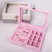 Velvet Pink Carrying Case with Glass Cover Jewelry Ring Display Box Tray Holder Storage Box Organizer Earrings Ring Bracelet