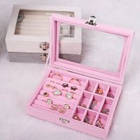 【hot】♚✴❁  Pink Carrying with Glass Cover Jewelry Display Tray Holder Storage Organizer Earrings