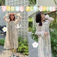 chuuchop_พร้อมส่ง(C7721) ➰? FORAL FLY dress เดรสยาวแขนกุดสีเบจลายกราฟฟิคผ้าซีฟอง