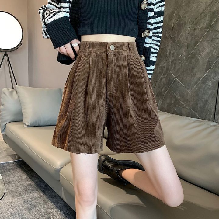 กางเกงลูกฟูกเวอร์ชันเกาหลีฤดูร้อนกางเกงขาสั้นสตรี2023ใหม่เส้นเอวสูงกางเกงขาม้าตรงลำลอง
