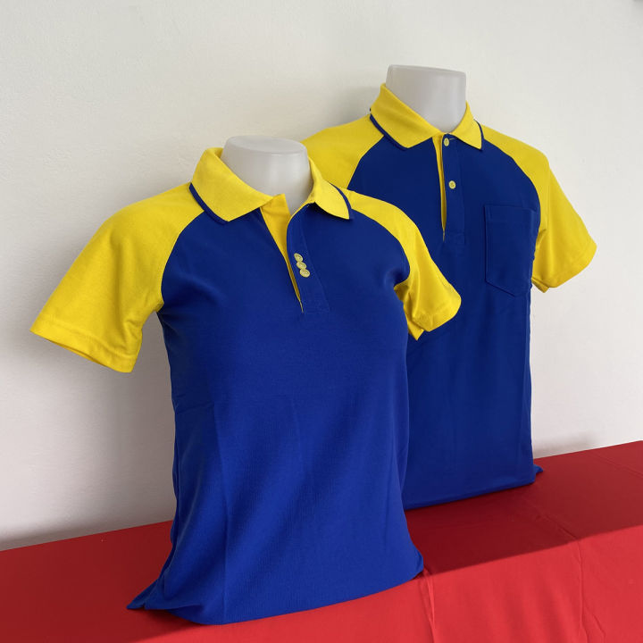 polo-shirt-แบบหญิง-สีน้ำเงินแขนเหลือง-ไหล่สโลป-แขนปล่อย-แบบชายมีกระเป๋า-แบบหญิง-ทรงเข้ารูป