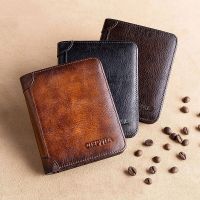 {[Qian Chao Bao hang]กระเป๋าสตางค์มีระบบป้องกัน Rfid หนังของแท้สำหรับผู้ชายวินเทจบางสั้นมัลติฟังก์ชั่ ID เครดิตกระเป๋าใส่เงินกระเป๋าเก็บบัตร