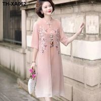 Mother summer chiffon dress middle-aged womens temperament improved cheongsam high-grade Chinese wind hanfu fake two piece dress