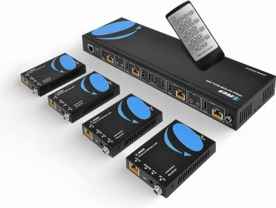 OREI 4K 4x4 HDMI Extender Matrix - UltraHD 4K 60Hz 4:4:4 Over Single CAT5e/6/7 Cable with HDR Switcher &amp; IR Control, RS-232 - Up to 230 Ft - 1080P Downscale - 4 x Loop Out - 4 Receivers Included