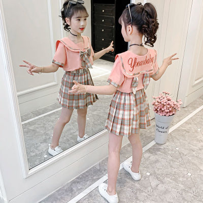 Korean Style Plaid Pleated Skirts and Lovely Bowknot Shirts For Kids Girls 2-pieces Set Clothes 2-15yrs