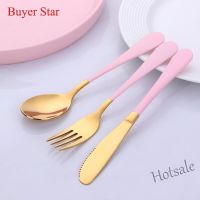 【hot sale】 ☍ C01 3pcs/set Kids Tableware Golden Cutlery Set Stainless Steel Fork Spoon Cutter for Children Feeding Dining Utensils Set Feed Spoons