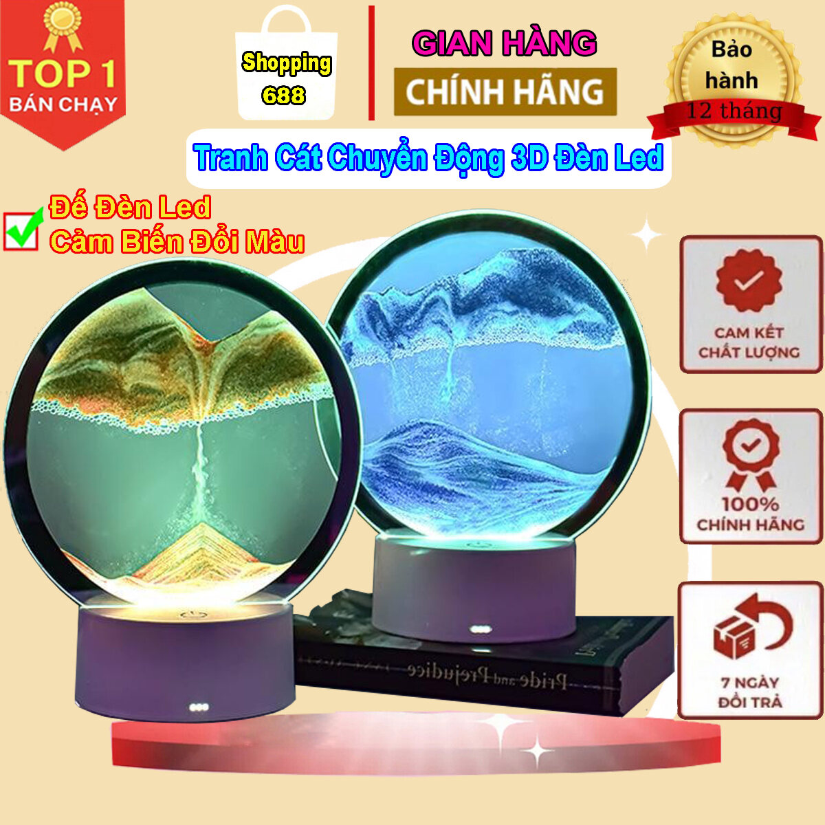 Trang cát chuyển động 3D, Tranh cát chuyển động đế đèn led cảm biến đổi màu, Decor đèn trang trí, bàn làm việc, phòng khách, phòng ngủ, làm quà tặng, tranh cát lún sáng tạo, tranh cát chuyển động 3d giá rẻ, tranh cát chảy