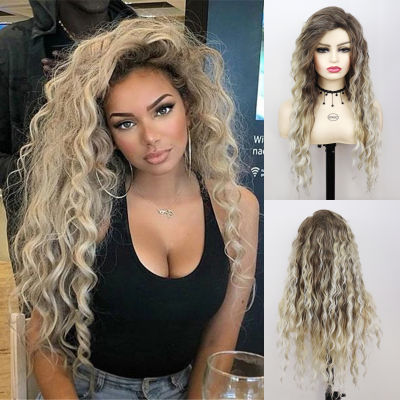 GNIMEGIL สังเคราะห์ผมยาวสีบลอนด์ Curly Wigs สำหรับผู้หญิงโบกวิกผม Dark Roots Ombre Wigs Fluffy Charming Party สุภาพสตรี Wigs เซ็กซี่