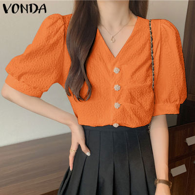 (จัดส่งฟรี)Fancystyle VONDA Women S Elegant V Collar Tops Solid Simple Short Sleeve Casual Blouses
