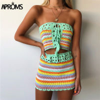 Aproms Colorful Striped Strapless Crochet Tube Crop Top and Skirt Summer Beach Women 2 Piece Set Dress Girls Bikini Beachwear