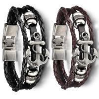 เครื่องประดับยุโรปและอเมริกาโลหะผสม Anchor Cowhide celet สร้อยข้อมือหนังทอหลายชั้นแบบเรียบง่ายแมทช์ง่าย