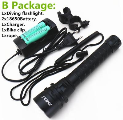 XM-L2 Underwater Diving led flashlight 100M Waterproof dive light Lighting lamp Lantern +2x 18650 Battery + Bike clip