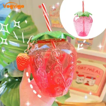 Glass cup strawberry straw set cute kawaii 300ml cup 1pc