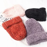 [Hana Clothing Store] ใหม่สาวลำลองผ้าฝ้ายหนาอบอุ่นถัก Beanies หมวกฤดูหนาวเลดี้ผู้หญิง Chenille หมวกอบอุ่นถัก Skullies Gorros