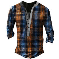 Casual Mens T-shirts Spring Autumn Vintage Plaid Printing Long Sleeve Men Tee Shirt Fashion Loose Buttoned V-Neck Tops Pullovers