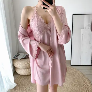 Spring Summer 2 Pieces Silk V Neck Slip Night Dress White Lace Sleeve Long  Satin Robe Set for Women - China Robe and Robes Women price