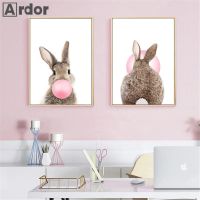 2023▣▧ Pink Balloon Bubble Gum Wall Art Poster Bunny Tail Rabbit Canvas Painting Nursery Print Nordic Wall For Pictures Baby Room Decor