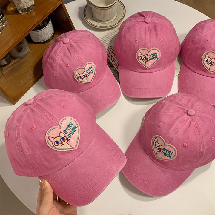หมวกแก๊ป-ผู้หญิง-สีชมพูฟอกวินเทจ-ลายน่ารัก-strypocn-น้องแมว-หมวกเบสบอล-พร้อมส่ง-l-hk