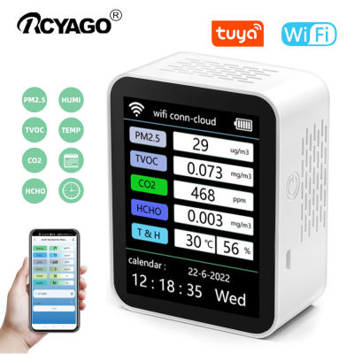 RCYAGO 7 In 1 WIFI คุณภาพอากาศตรวจจับความชื้นทดสอบ Co2เซ็นเซอร์ฟอร์มาลดีไฮด์ทดสอบ Tvoc ตรวจจับอุณหภูมิเมตรคุณภาพอากาศชุดทดสอบสำหรับสำนักงาน,โรงเรียน,คลังสินค้า,รถ