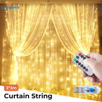 LumiParty Led Curtain String Lights 8โหมด USB รีโมทคอนโทรล Fairy Garland พร้อมตะขอสำหรับตกแต่งบ้าน (3X3เมตร) Fast Delivery