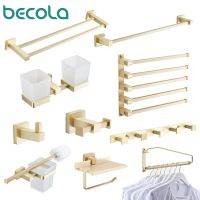 Becola Brushed Gold Wall Mount Bathroom Accessories Brass Hardware Sets Towel Rack Paper Holder Toilet Brush Holder Towel Holder