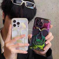 {Haojia เคสโทรศัพท์} เคสโทรศัพท์หัวกระโหลก3D อิเล็กโทรเพลทสุดหรูสำหรับ iPhone 14 13 Pro Max 12 11 Plus แผ่นเคลือบเงาที่ระบายอากาศได้ดีเว้าออกวินเทจความเย็น