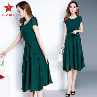 SZWL Women Dress Crew Neck Short-sleeved Skirt Solid Color Waist-slimming Dress