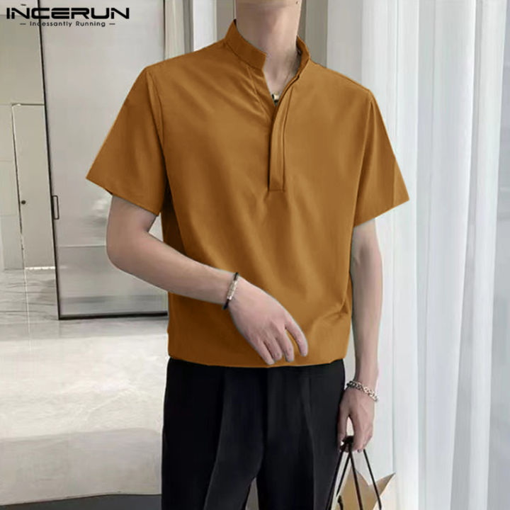 incerun-เสื้อยืดผู้ชายแขนสั้นสีทึบคอวีเสื้อเสื้อยืดสีพื้นวันหยุดเสื้อยืดเสื้อ-ลดล้างสต๊อก