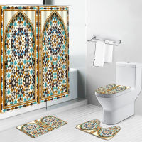 Arabic Arch Morocco Antique Doors Shower Curtain National Style Bathroom Curtains Non-Slip Rug Set Toilet Lid Cover and Bath Mat