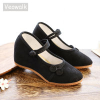 Veowalk 7เซนติเมตรซ่อนลิ่มผู้หญิงผ้า Jacquard ส้นรองเท้าสุภาพสตรีสบายปักปั๊มเก๋จีนปมรองเท้าชุด