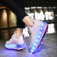 Parent-child roller skates flame leather upper charging LED shoes double-wheeled Heelys kids toy shoes colorful lights wheel skateboard shoes girls and boys size 28-40