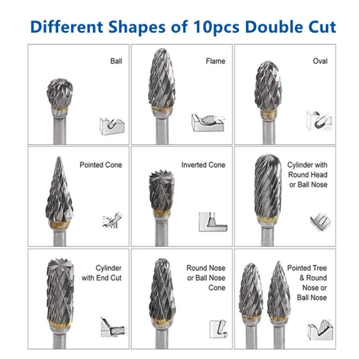 yp-ดอกสว่านโรตารีทังสเตนคาร์ไบด์3x6มม-10ชิ้น-ดอกเจียรโลหะแบบตัดคู่ดอกสว่านโรตารี-dremel-เครื่องมือดอกสว่าน