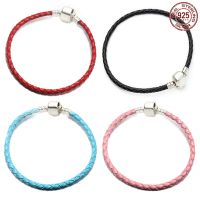 Fashion S925 sterling silver red black blue pink lucky leather woven rope is fit original Pandora exquisite jewelry DIY design