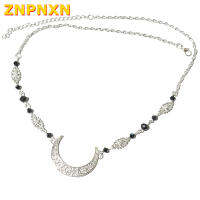 ZNPNXN Retro หินธรรมชาติคริสตัลลูกปัดเครื่องประดับผม Hollow Moon Pattern Head Chain