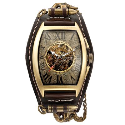 นาฬิกาไขลานเองแนววินเทจสำหรับผู้ชายนาฬิกาโกธิควินเทจนาฬิกากลไกโบราณสไตล์ร็อคสีน้ำตาล