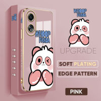 เคส PMP A58 OPPO Hp ฟรีสายคล้อง4G + แพนด้าการ์ตูนน่ารักลายขอบสี่เหลี่ยมหุ้มชุบเคสโทรศัพท์เคสโทรศัพท์นิ่มสุดหรูสำหรับเด็กผู้หญิง